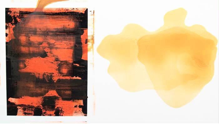 Large abstract painting on wood panel. Left side of the painting has a square shape in red and black with a smoke like brown shape whispering from the top. Right side background is all white with an organic yellow shape.
